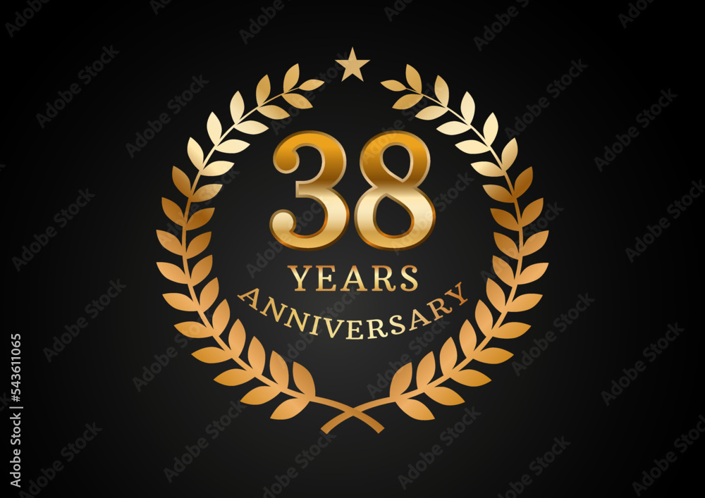 Naklejka premium Vector graphic of Anniversary celebration background. 38 years golden anniversary logo with laurel wreath on black background. Good design for wedding party event, birthday, invitation, brochure, etc