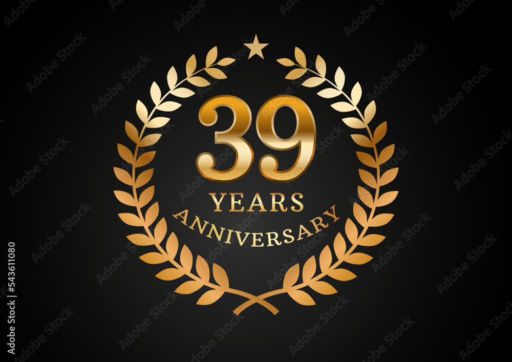 Vector graphic of Anniversary celebration background. 39 years golden anniversary logo with laurel wreath on black background. Good design for wedding party event, birthday, invitation, brochure, etc Vector graphic of Anniversary celebration background. 39 years golden anniversary logo with laurel wreath on black background. Good design for wedding party event, birthday, invitation, brochure, etc