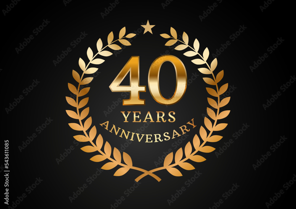 Fototapeta premium Vector graphic of Anniversary celebration background. 40 years golden anniversary logo with laurel wreath on black background. Good design for wedding party event, birthday, invitation, brochure, etc