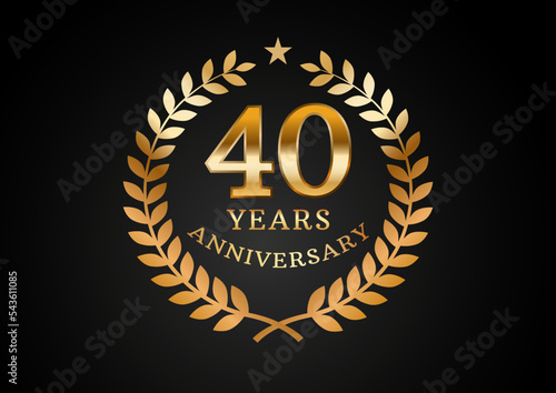 Vector graphic of Anniversary celebration background. 40 years golden anniversary logo with laurel wreath on black background. Good design for wedding party event, birthday, invitation, brochure, etc