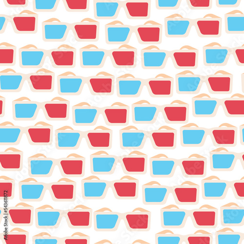Hipster 3d anaglyph red and blue cinema glass icon. Flat retro seamless pattern, cover illustration.