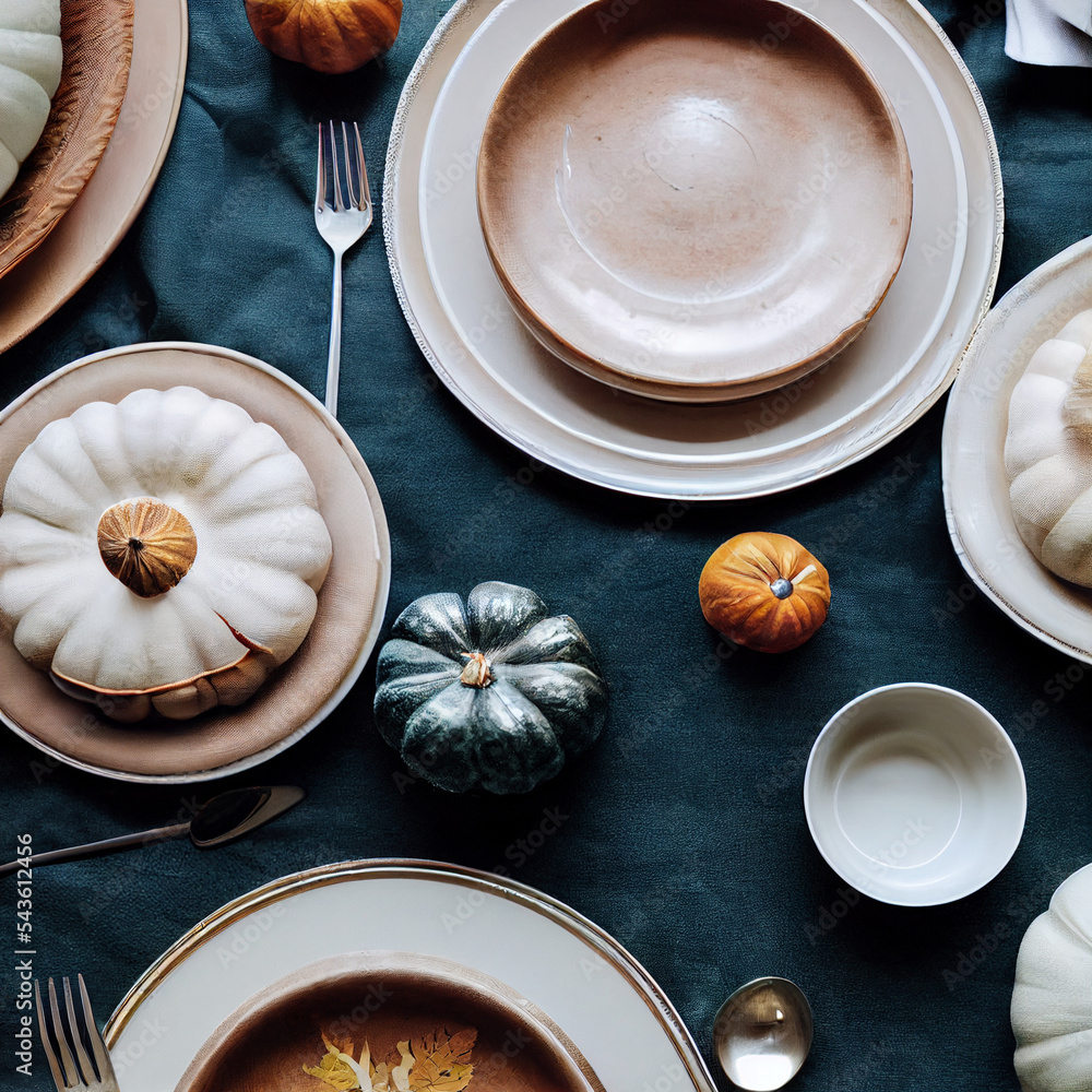 Serving for Thanksgiving dinner with napkin, cutlery and pumpkins top view Serving for Thanksgiving dinner with napkin, cutlery and pumpkins top view