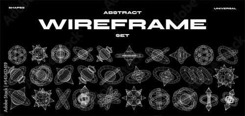 Abstract geometric elements for design. Futuristic 3D wireframe shapes, low poly spheres with cones, tori and hexagons. Vector blanks for posters, business cards, banners, stickers