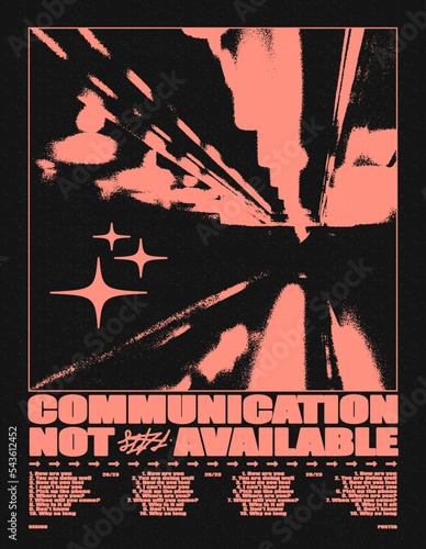 Retro futuristic poster with text "Communication not available". Techno style print, for streetwear, print for t-shirts and sweatshirts on a black background