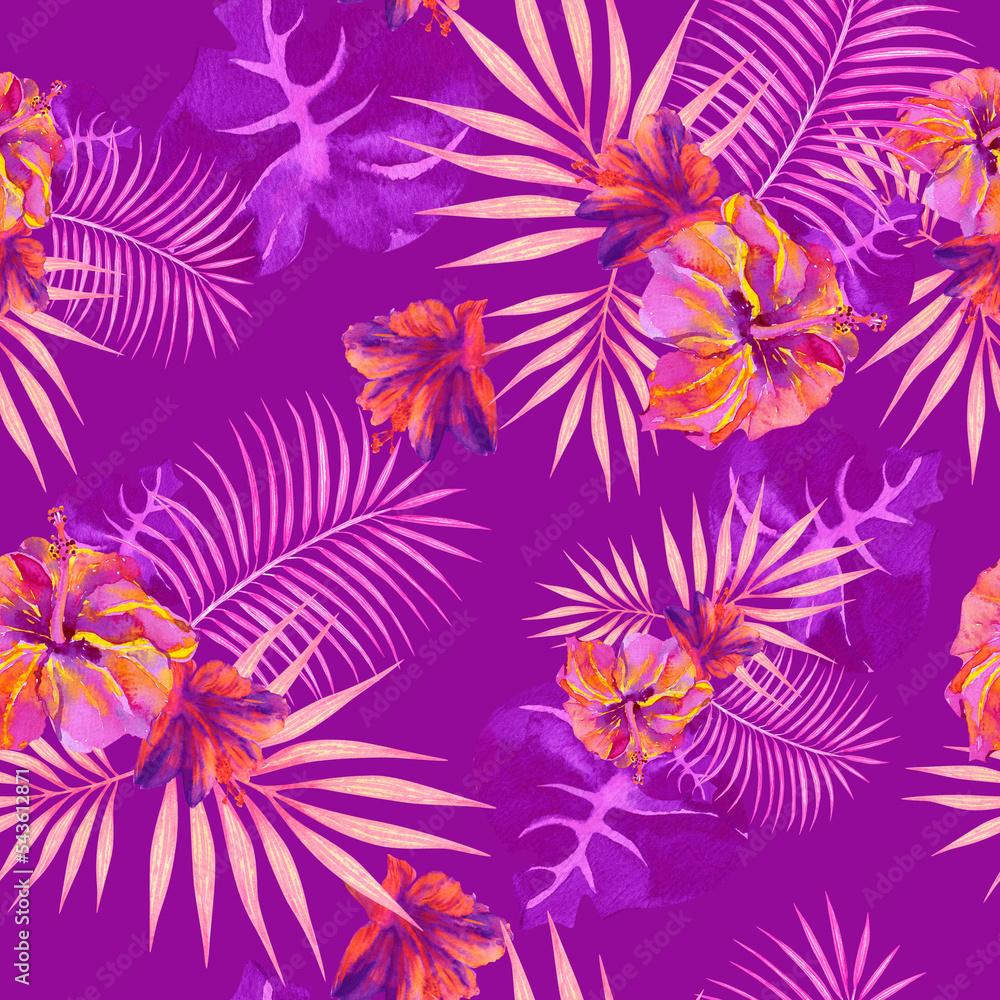 Purple jungle watercolor seamless tropical pattern