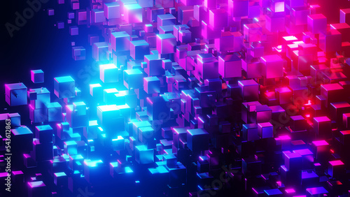 Abstract background 3D, many cubes with neon purple blue glow on black