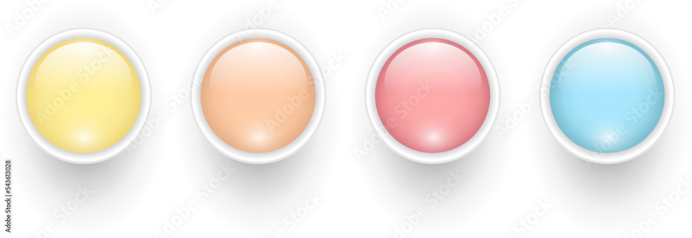 3D shiny multicolored buttons collection, glossy circle icons, vector illustration set.