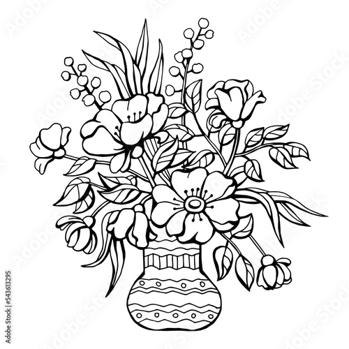 Bouquet of flowers and leaves in a richly ornamented vase isolated on a white background. Hand drawn line leaves, branches and blooming. Elegant wildflowers for invitation save the date card. Vector
