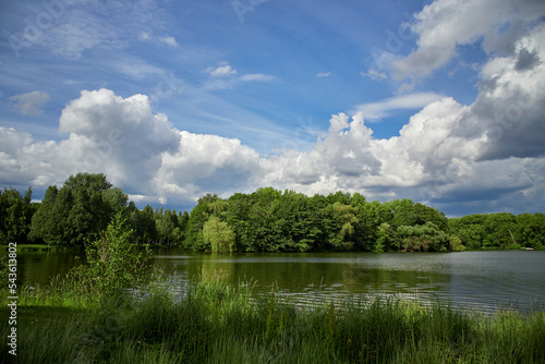 Summer landscape. Green Trees and clouds are reflected in the river. Beautiful sky with cumulus clouds.