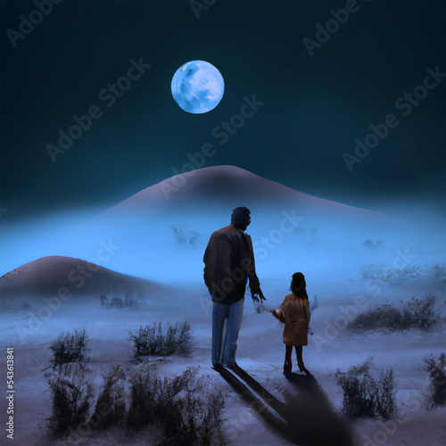 Fotografia man walking on the beach with daughter on a moonlit night