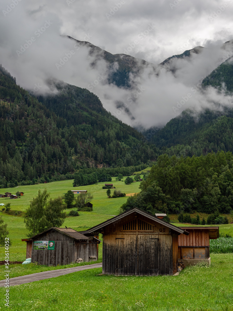Solden, Austria - July 26, 2022: A rainy and cloudy summer day in the Otztal valley, near Solden