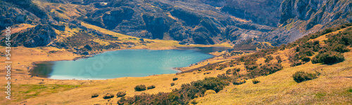 Beautiful mountain landscape. Peaks of Europe (Picos de Europa) National Park. A glacial Lake Ercina. Asturias, Spain, Europe. Horizontal banner photo