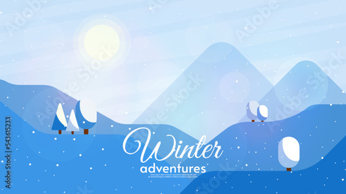 Vector illustration in cartoon style with blue colors. Winter landscape with sun. Snowy weather. Beautiful illustration. Design for touristic or business card.