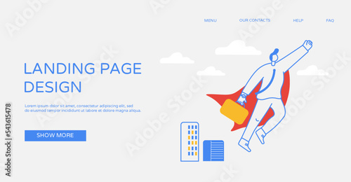 Flying Winner super businessman wearing red cape, Dynamic career design concept, doodle hero, succes,  successful leader, winner, champion, manager, ceo, cartoon character, superman, strong, clever