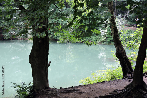 A view of an azure lakelet among trees in Rudawy Janowickie, Sudetes mountains, Poland