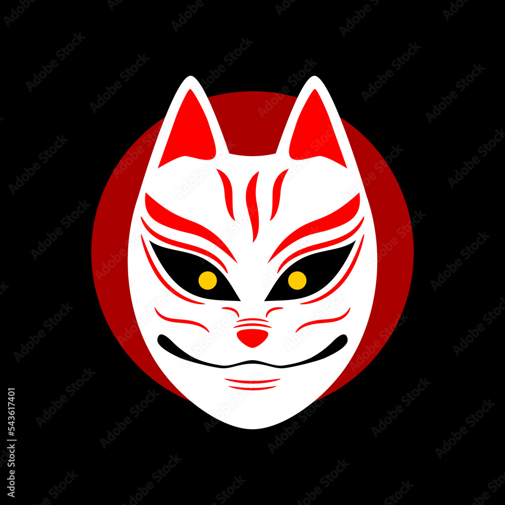 Kitsune fox mask on red circle japanese anime style black background flat  vector icon design. Stock Vector | Adobe Stock