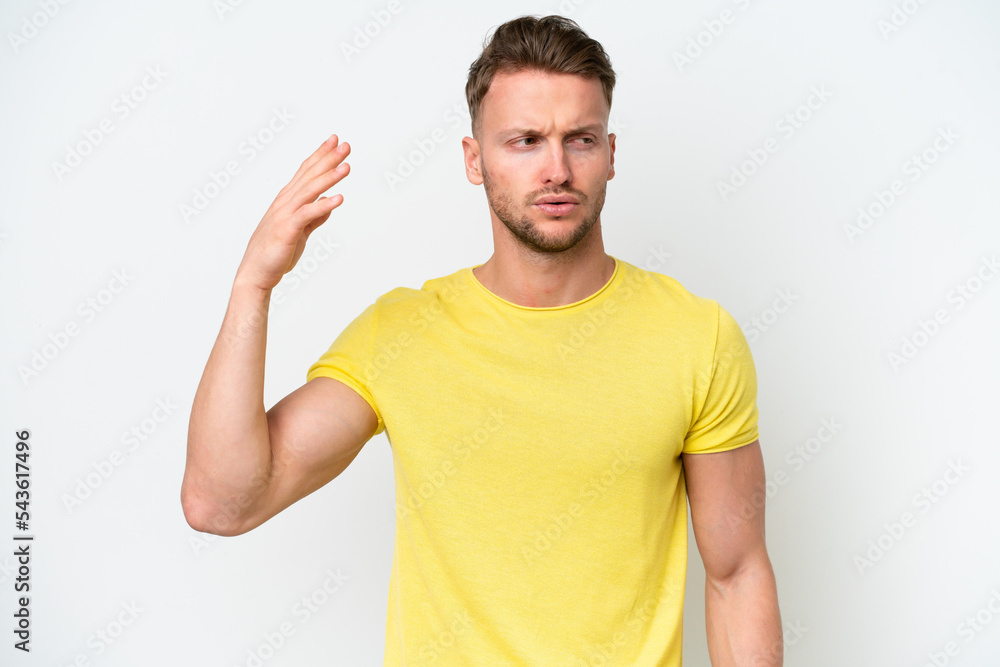 Young blonde caucasian man isolated on white background with tired and sick expression