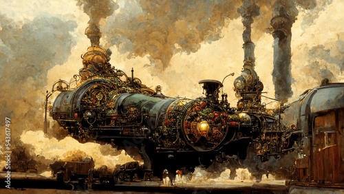 Steam Locomotive with Steampunk, Giant steam train on Blurred background