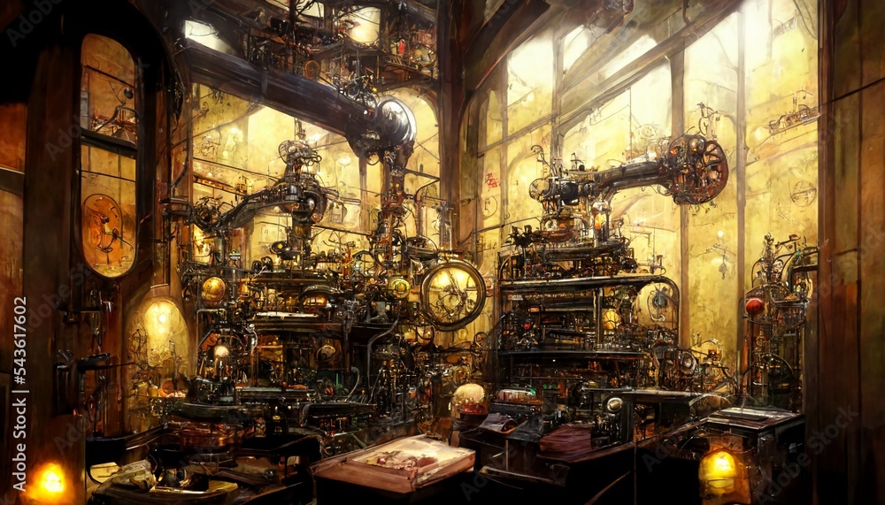 Steampunk machine room, Space full of complex machines and detailed objects on Blurred background