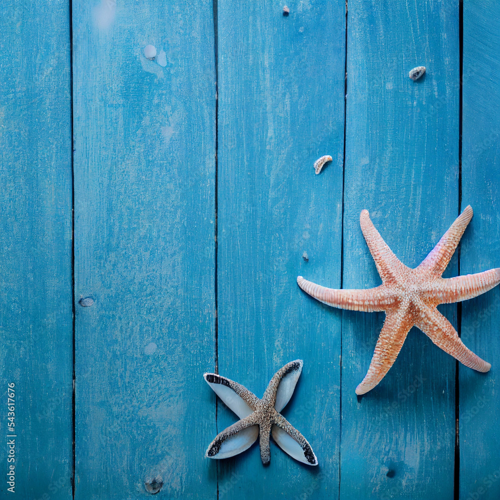 Seashell, starfish and beach sand on blue wooden background Seashell, starfish and beach sand on blue wooden background