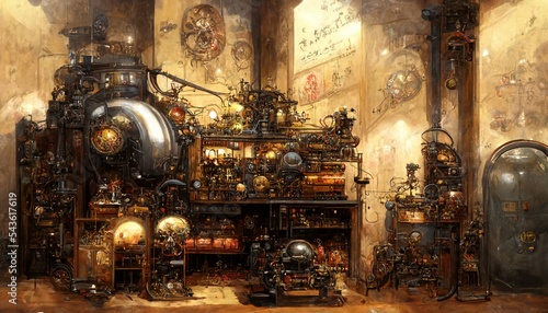 Steampunk machine room, Space full of complex machines and detailed objects on Blurred background