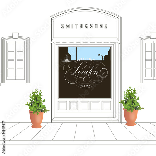 Vintage Style Background with Shop Window. London Lettering Design. Realistic Vector Plant in Clay Pot.