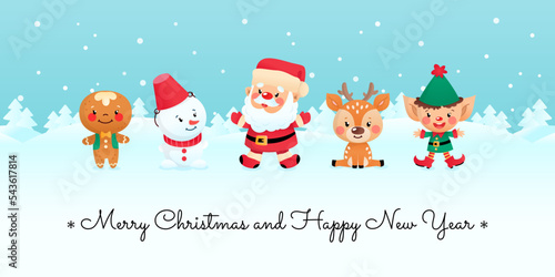 Merry Christmas card and Happy New Year card. Winter holiday illustration of a gingerbread man, a snowman, a Santa Claus, a little deer and an elf on a background of a winter landscape.