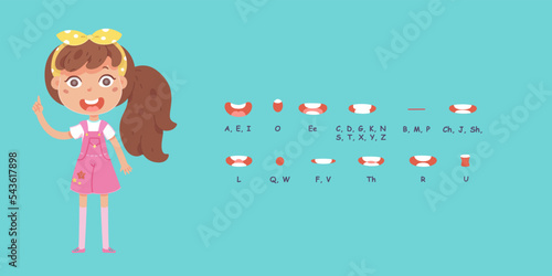 Mouth animation set for girl character vector illustration. Cartoon isolated lips sync and cute child pronounce and study English alphabet, pronunciation speech poses on blue background