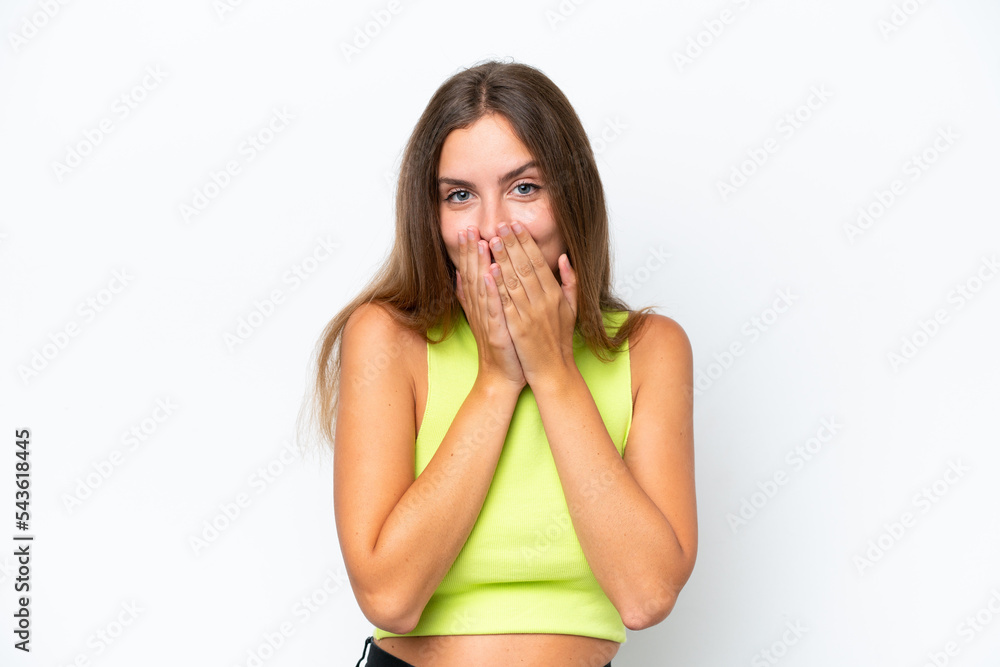 Young caucasian woman isolated on white background happy and smiling covering mouth with hands Young caucasian woman isolated on white background happy and smiling covering mouth with hands