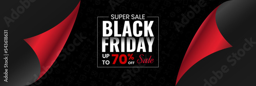 Black Friday Super Sale Premium Vector Banner Template Design With Up to 70% Sale Off with sticker design. Vector design.