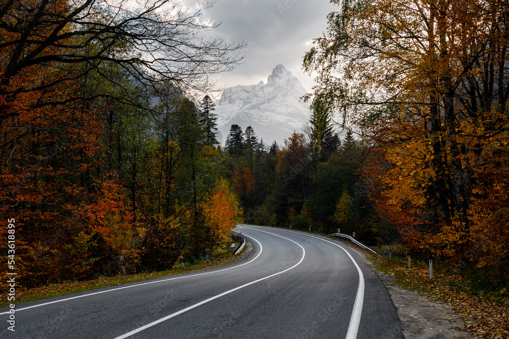 Winding road in the autumn forest against the backdrop of mountains Winding road in the autumn forest against the backdrop of mountains