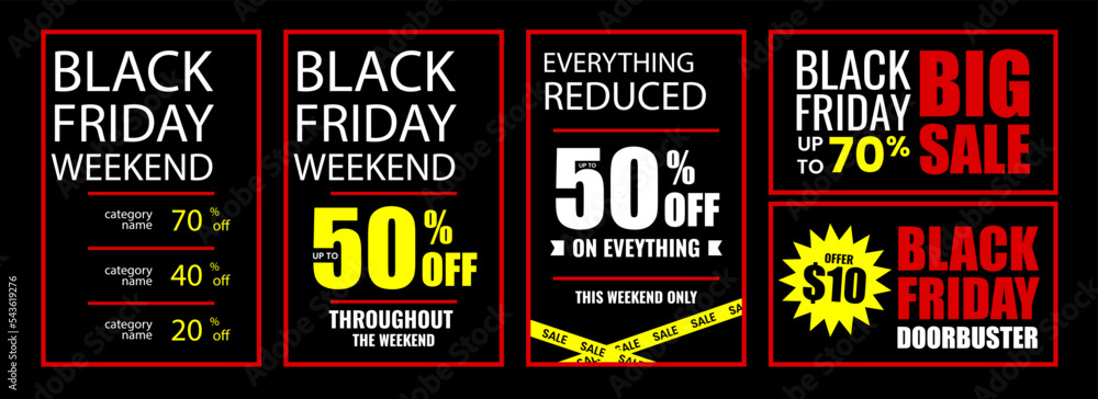 Black Friday weekend discount sale banner bundle with 70% off, 50% off, 20% off text for social media posts, flyer, banner, brochure, poster, and signboard, etc.