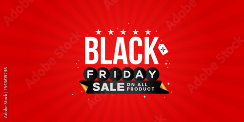 Black Friday Sale Banner with Shiny Ribbon and Red Background For Social Media and Website