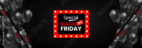 Black Friday social media and website banner slider with shiny balloon and ribbon on black wall background with a cinematic promotional text banner.