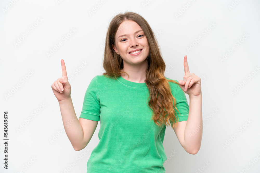 Young pretty woman isolated on white background pointing up a great idea Young pretty woman isolated on white background pointing up a great idea