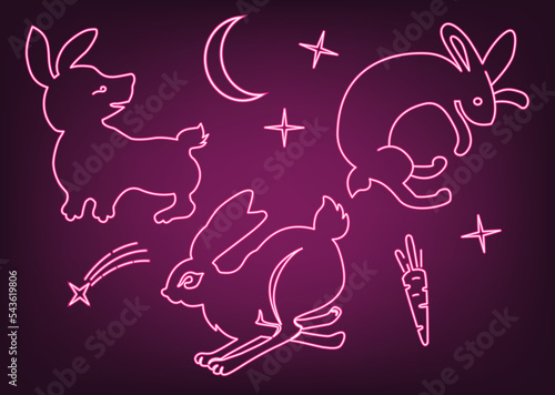 WebSet of neon rabbits, hares and carrots. For holiday decoration, shop windows and banners for Christmas. New year 2023.
