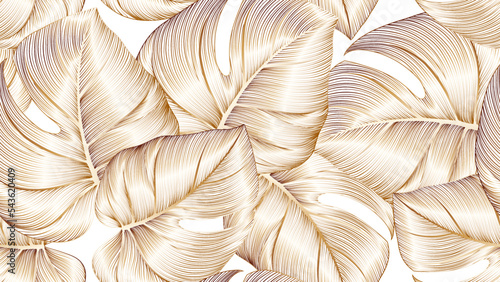 Luxury seamless floral background with golden monstera leaves. Romantic pattern template for wall decor.