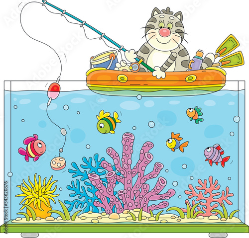 Funny striped cat fisherman sitting in an inflatable boat with a fishing-rod and catching small fishes in a large aquarium with tropical corals, vector cartoon illustration on a white background