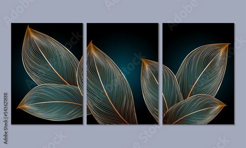 Set of 3 canvases for wall decoration in the living room, office, bedroom, kitchen, office. Home decor of the walls. Luxurious floral background with golden leaves monstera. Element for design. 