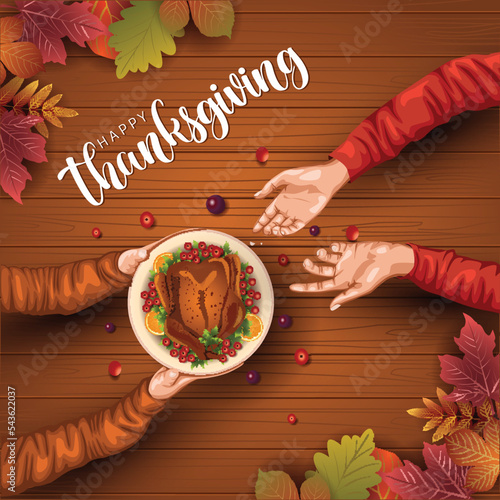 Top angle view of served thanksgiving turkey dish friendly family having lunch. vector illustration design