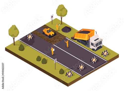 Isometric road construction scene concept. Worker, professional equipment and transportation. Asphalt compactor road, under construction repair road signs there is no way