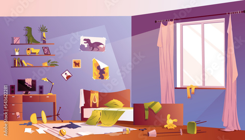 Messy boy bedroom. Room interior with scattered toys and dirtyon furniture cartoon vector illustration. Uncovered bed, clutter on desk, scattered clothes and toys. Terrible chaos