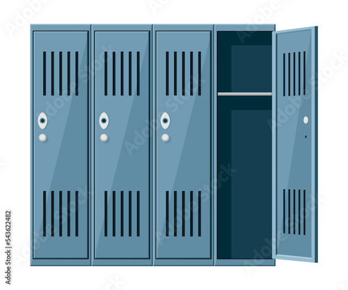 Metal cabinets locker or school changing room steel cupboard. Isolated grey storage boxe with open and closed doors, locks and shelve and vents
