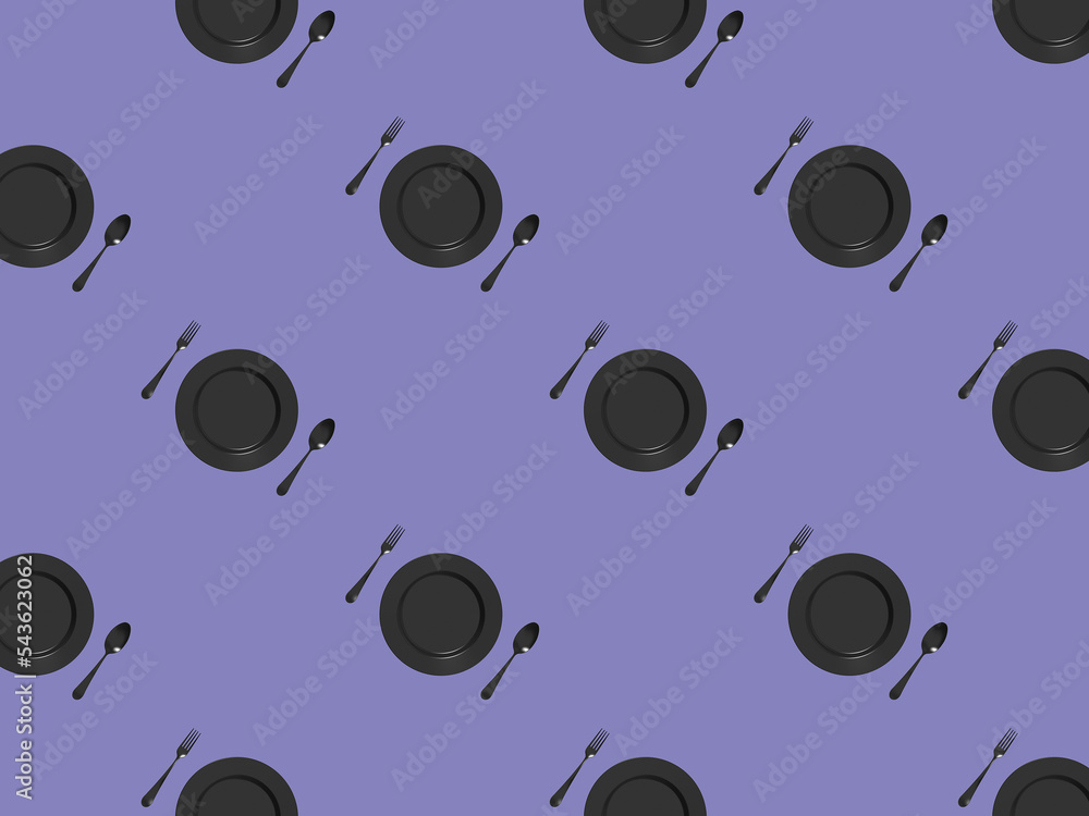 seamless pattern. kitchen utensils on a pastel blue purple background. fork, spoon, plate. Template for surface application. Flat lay. Square image. 3D image. 3D rendering. seamless pattern. kitchen utensils on a pastel blue purple background. fork, spoon, plate. Template for surface application. Flat lay. Square image. 3D image. 3D rendering.
