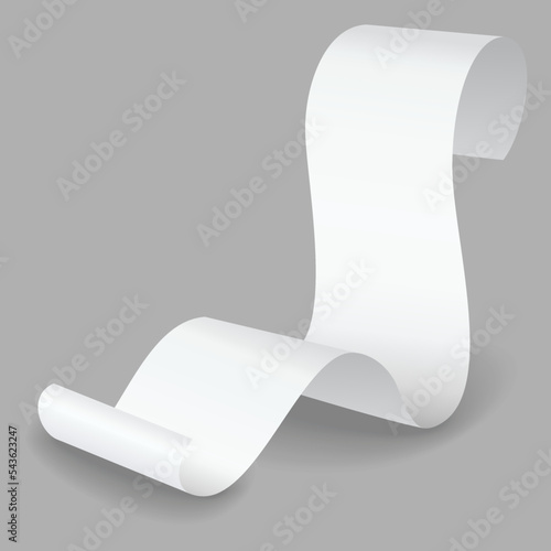 Blank payment check and receipts with shadow. Curved financial paper, purchase invoice. Buying, bill or calculate pay. Receipt the seller form