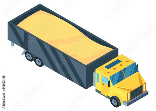 Isometric truck. Vehicle with collected wheat agricultural, concept farm natural farming. Vector cartoon eco eating industry