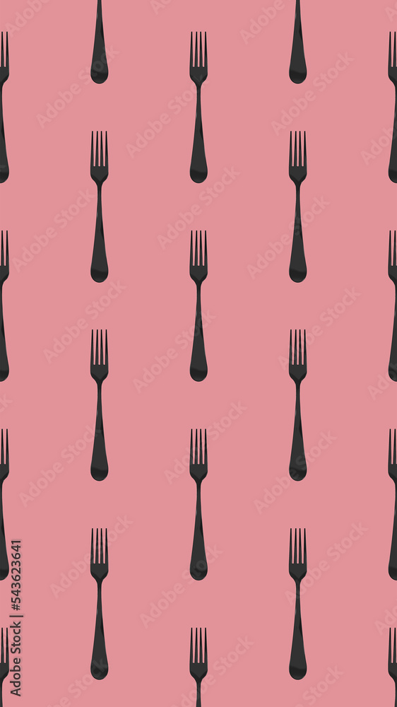 pattern. Fork top view on pastel purple red background. Template for applying to surface. Vertical image. Flat lay. 3D image. 3D rendering.