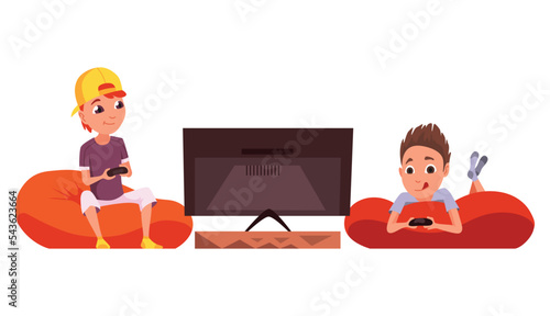 Video gaming kids. Boys playing games on joystick on game console. Kids video game addiction. Joyful teenagers. Vector illustration of flat design