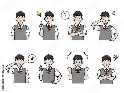 中高生の男子生徒のイラスト　学生のポーズバリエーションセット