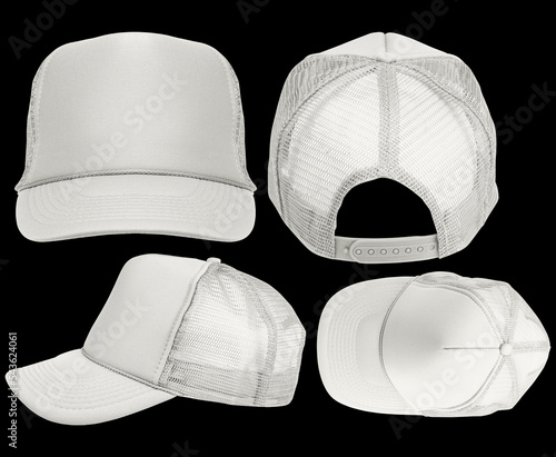 3d hat mockup template top, bottom, front, back white color isolation on black background